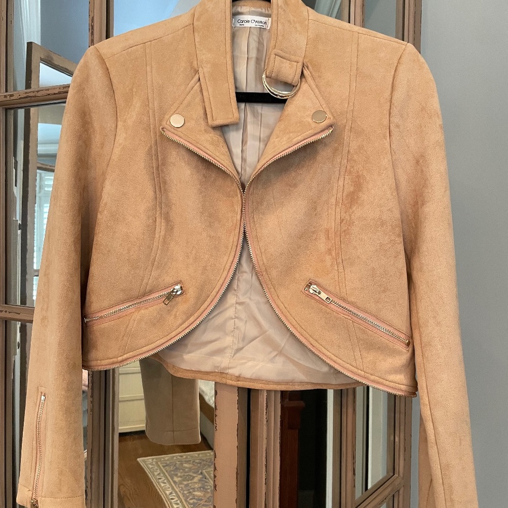 Carole Stora Cropped Suede Moto Blazer in Beige